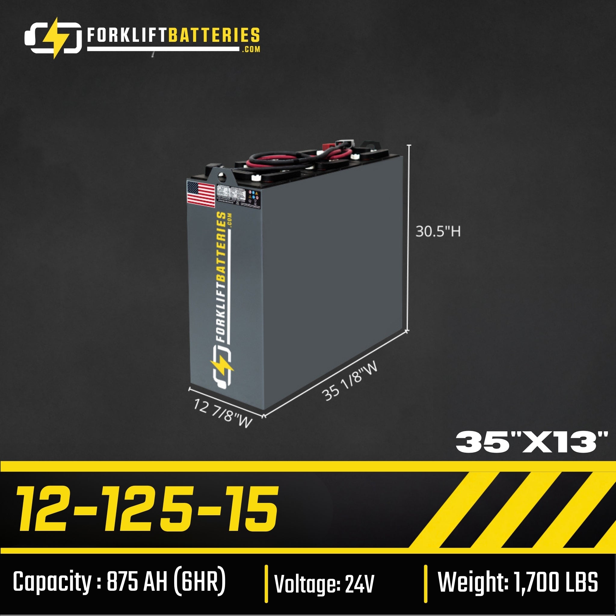 12-125-15 (24 Volts) Forklift Battery – 35" x 13"