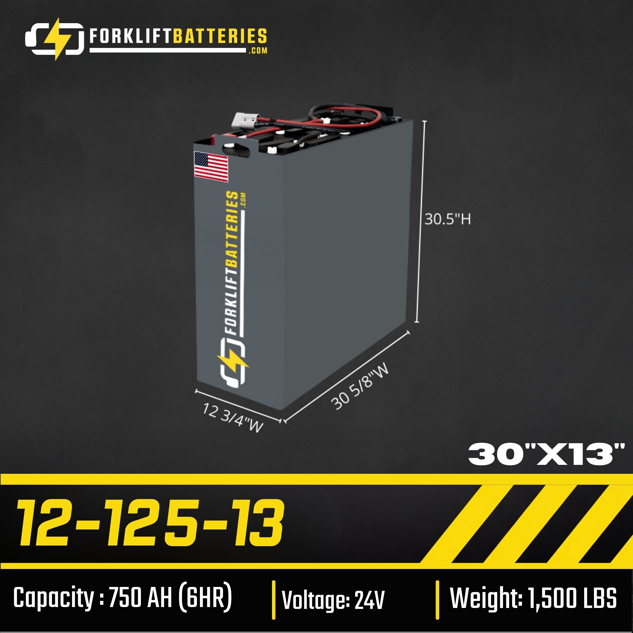 12-125-13 (24 Volts) Forklift Battery – 30" x 13"