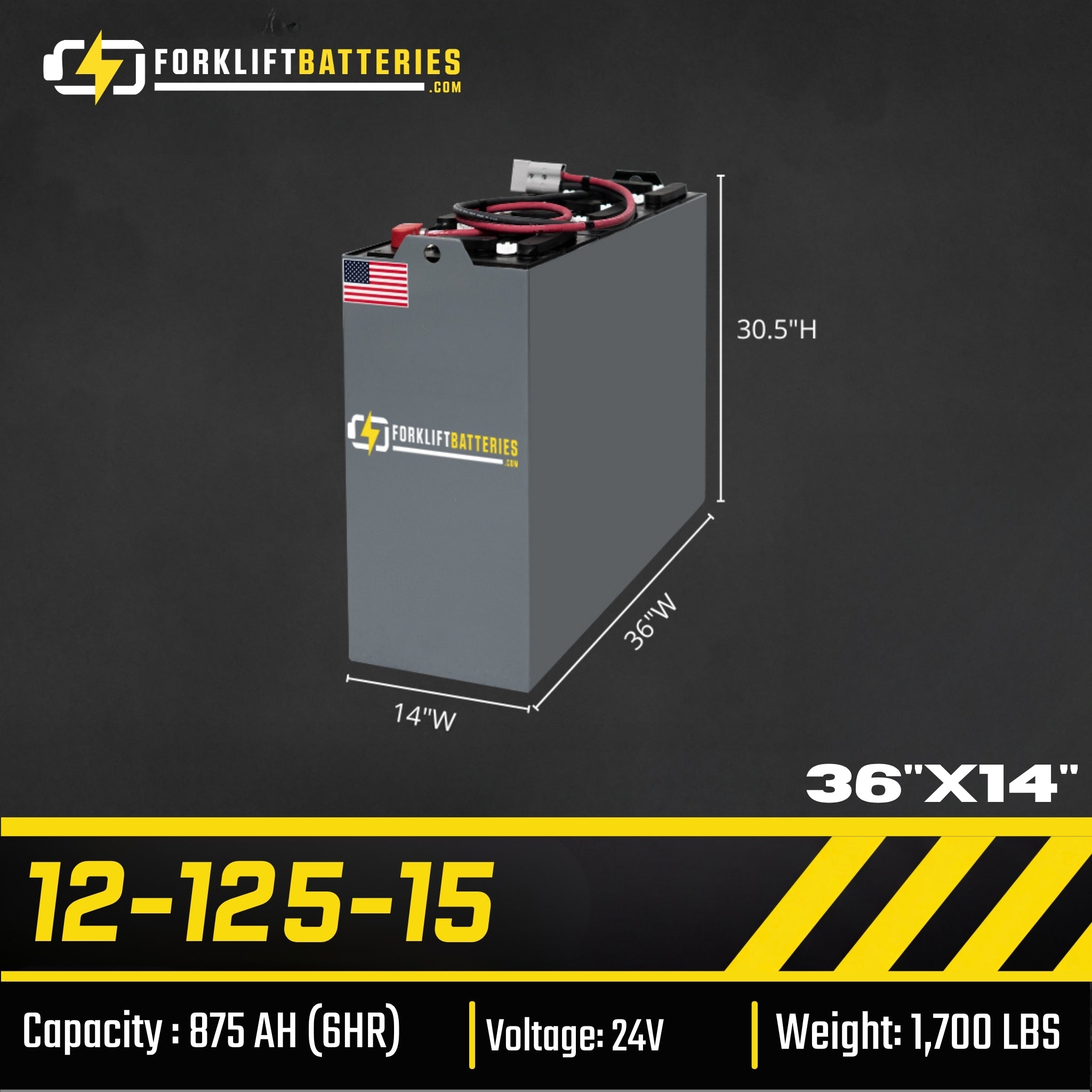 12-125-15  (24 Volts) Forklift Battery – 36" x 14"