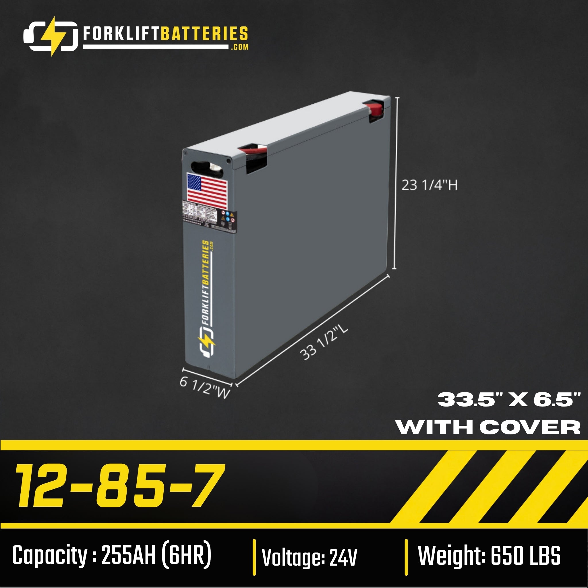 12-85-7 (24 Volts) Forklift Battery – 33.5" x 6.5" With Cover