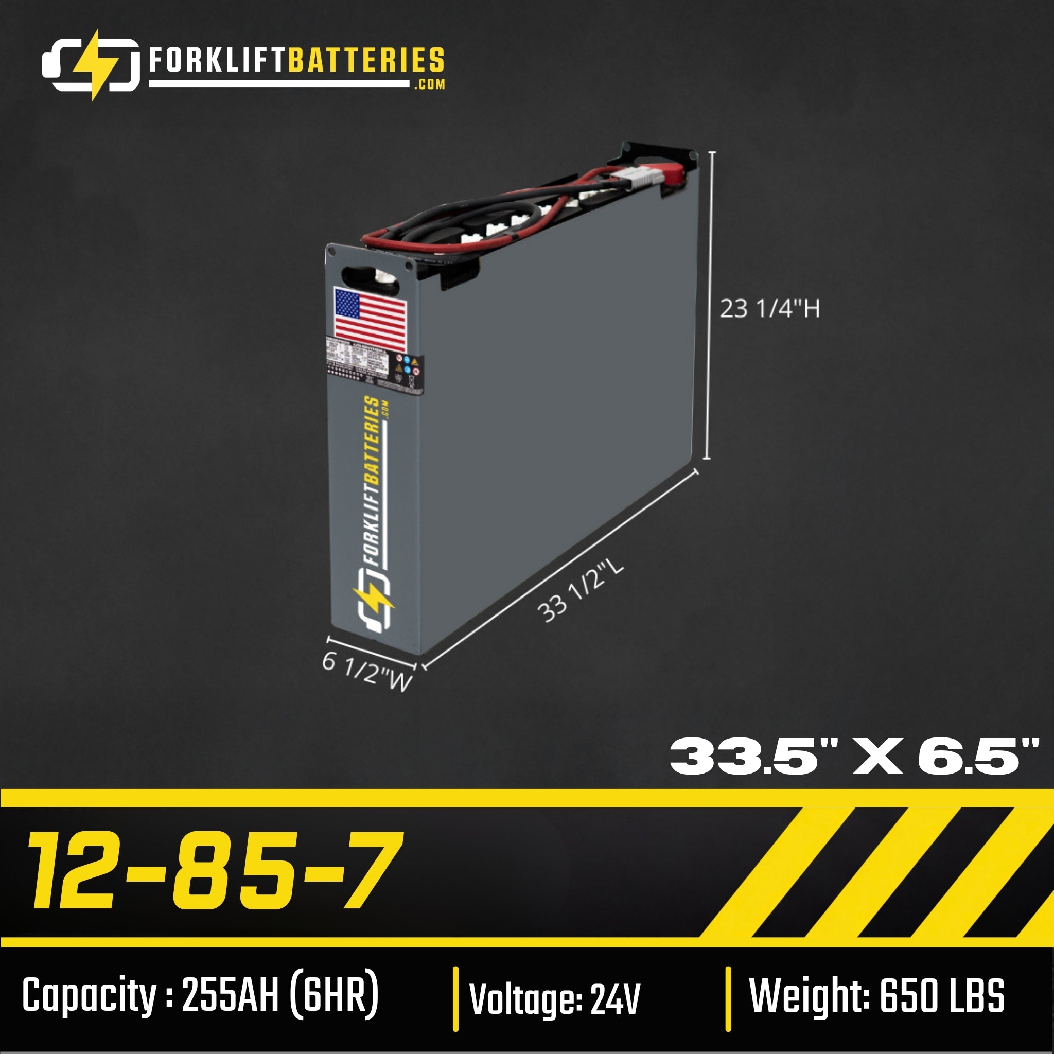 12-85-7 (24 Volts) Forklift Battery – 33.5" x 6.5" Without Cover