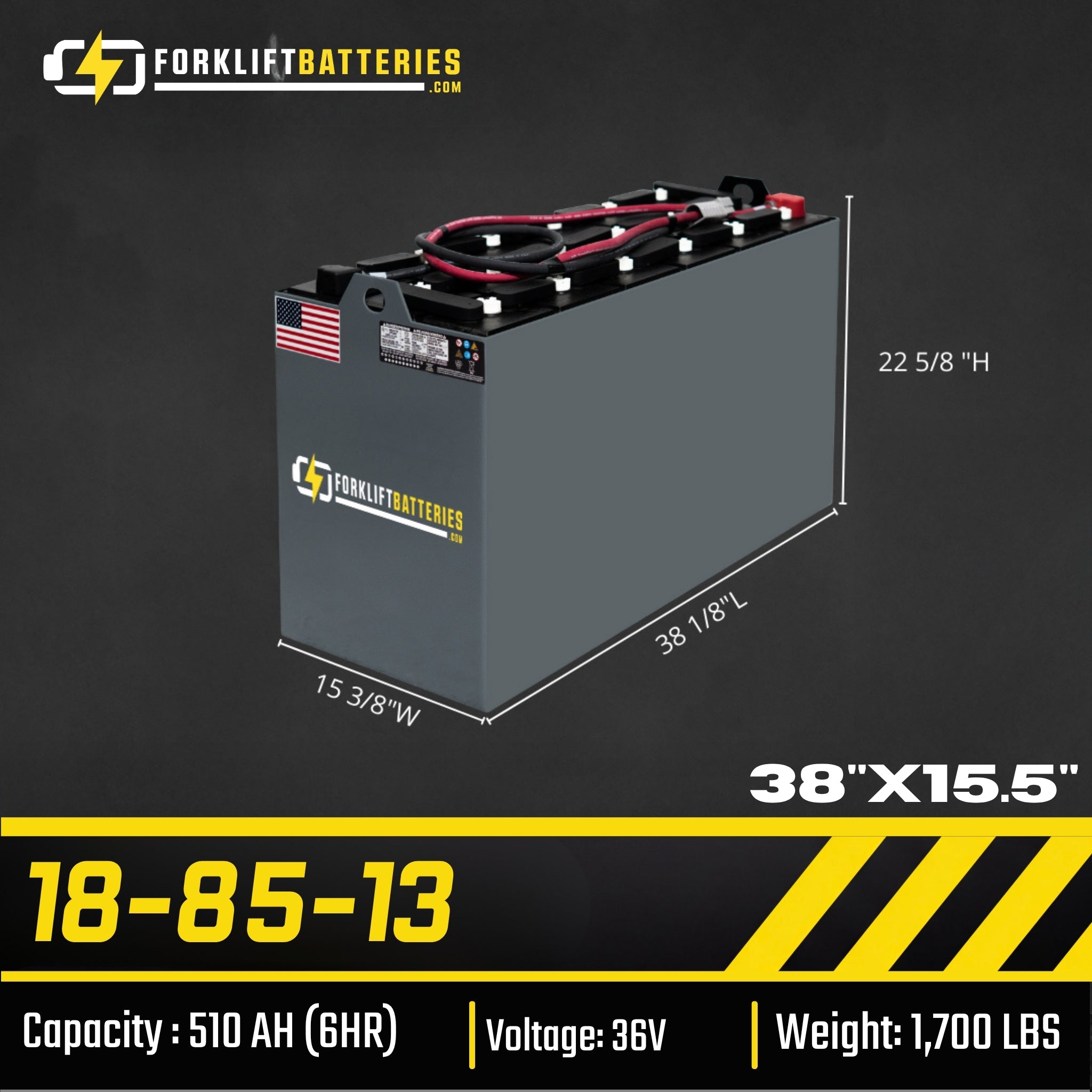 18-85-13 (36 VOLTS)  Forklift Battery – 38" x 15.5"