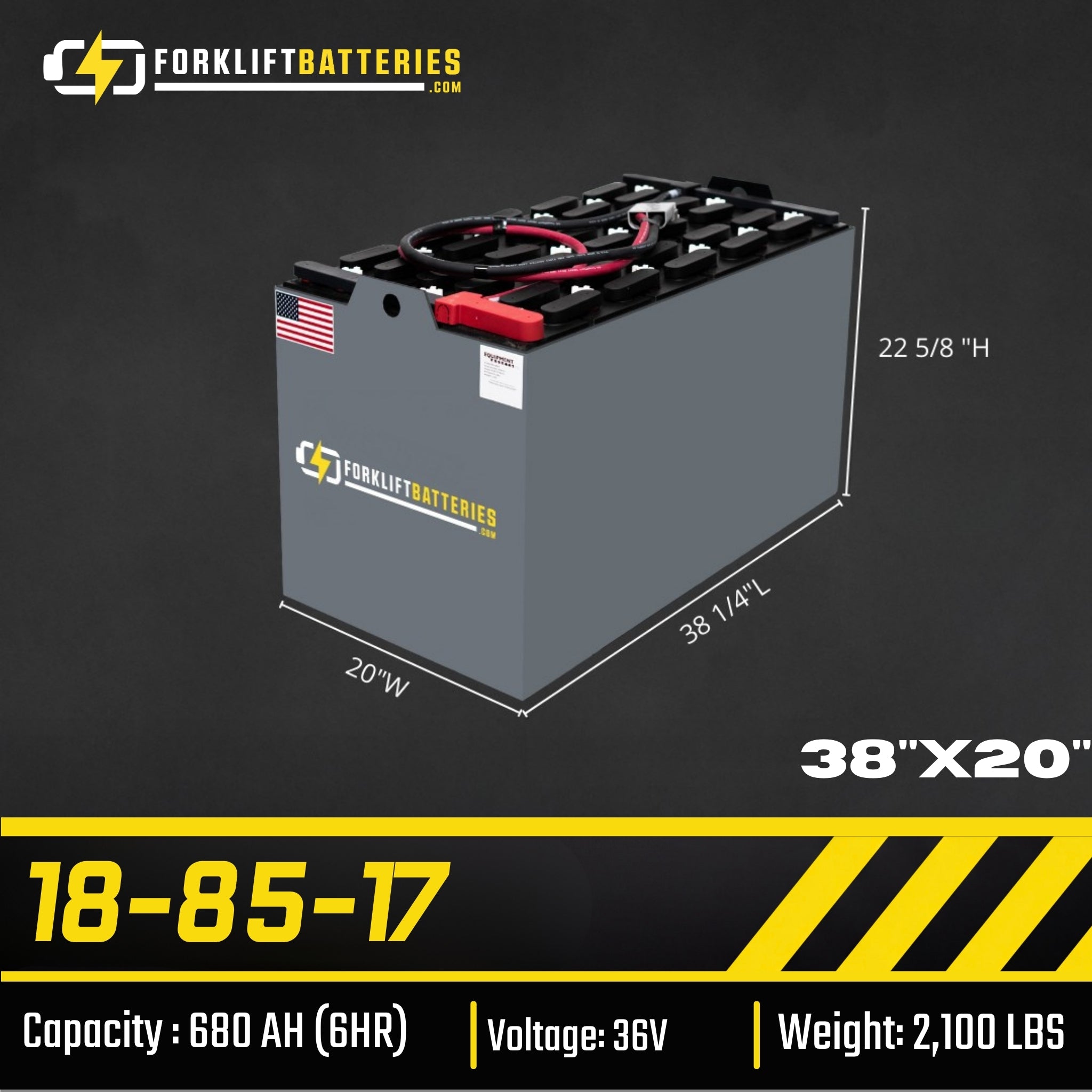 18-85-17 (36 VOLTS) Forklift Battery – 38" x 20"
