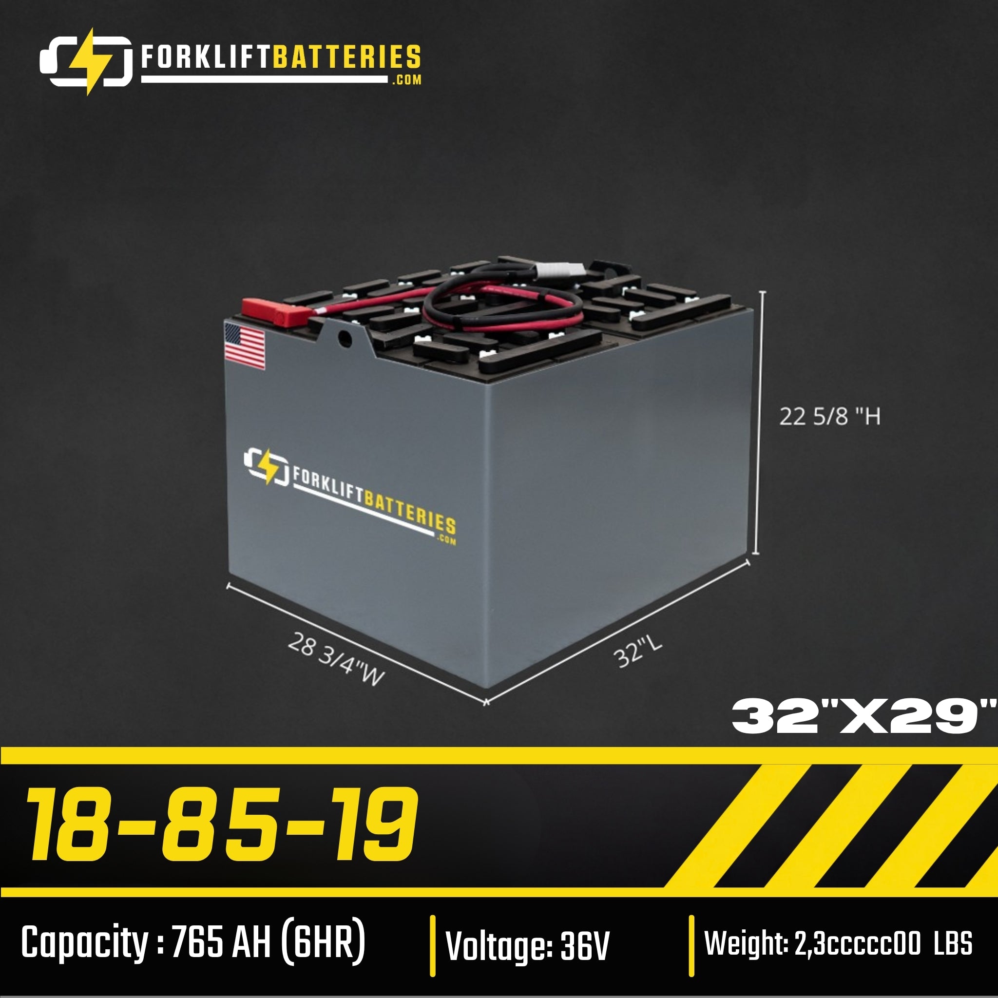 18-85-19 (36 VOLTS) Forklift Battery – 32" x 29"