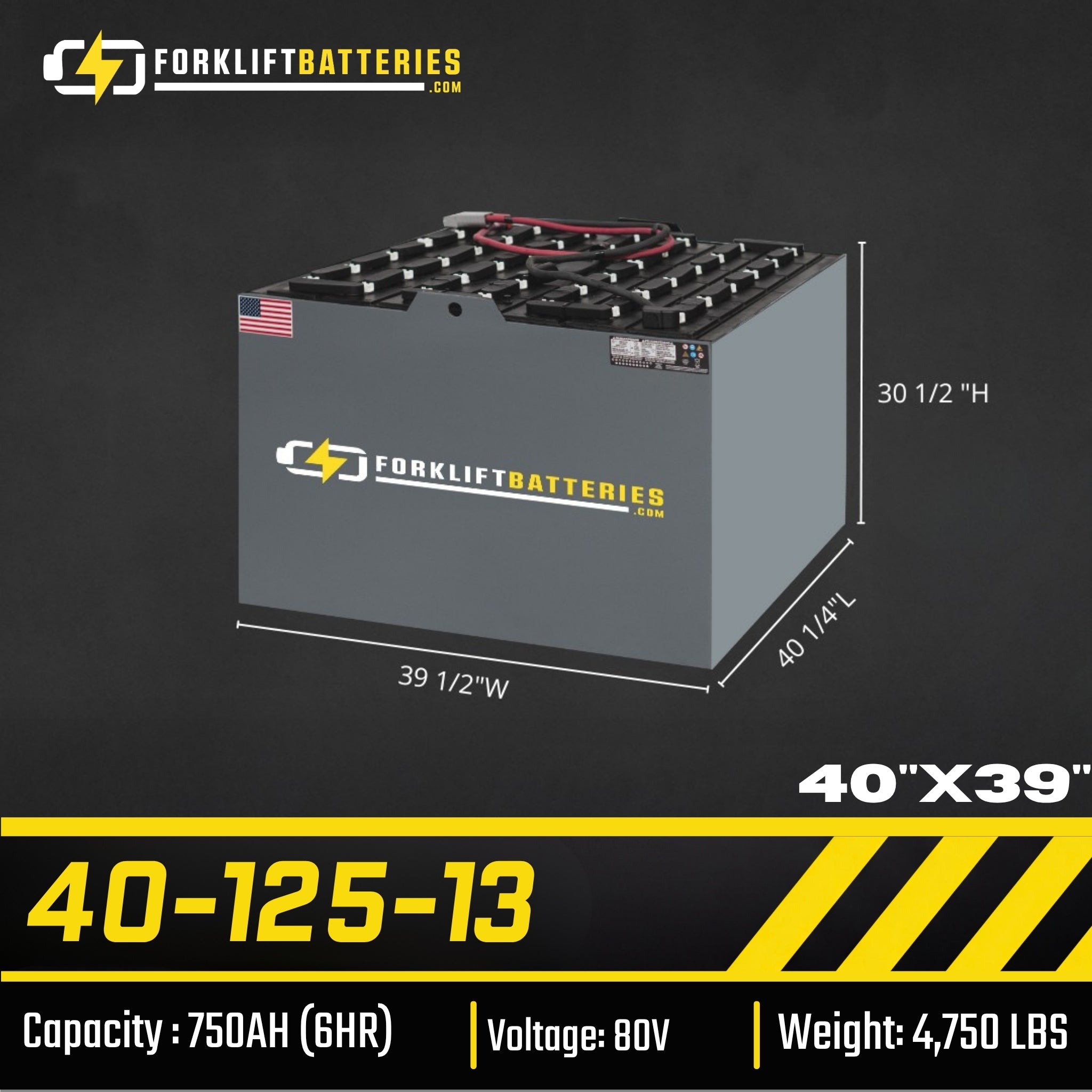 40-125-13 (80 VOLTS) Forklift Battery 40"x39"